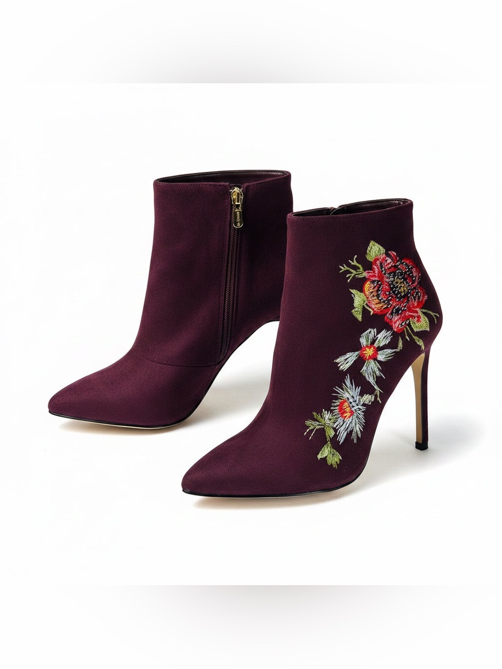 bebe Burgundy Floral Embroidered Pointed-Toe Ankle Booties - Picture 1 of 15